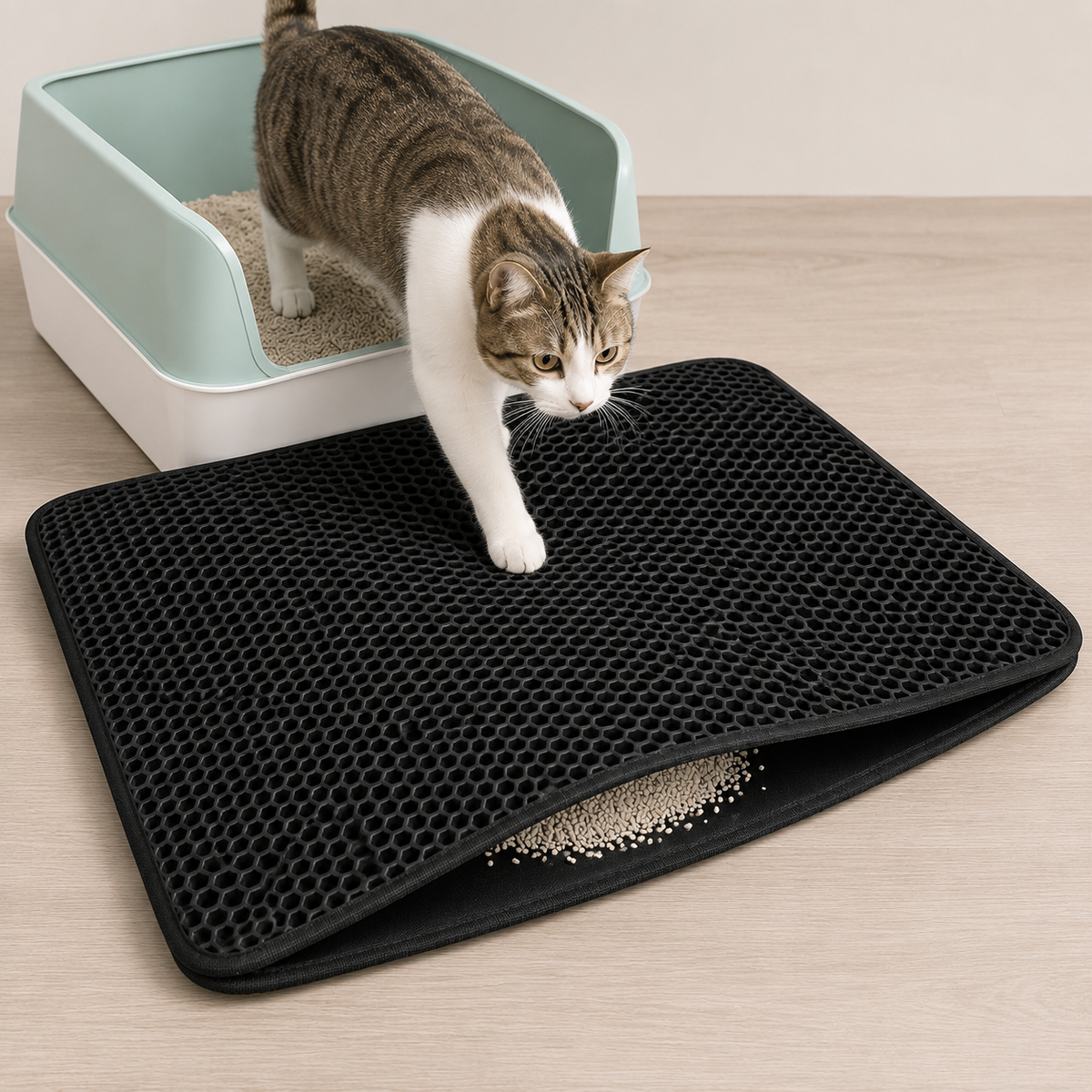 Cat Litter Trapping Mat, Honeycomb Double Layer Design, Urine and Water Proof Material, Scatter Control, Less Waste Easier to Clean, Washable
