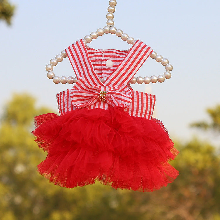 Dog Striped Print Dress Bow Puppy Clothes Pet Small
