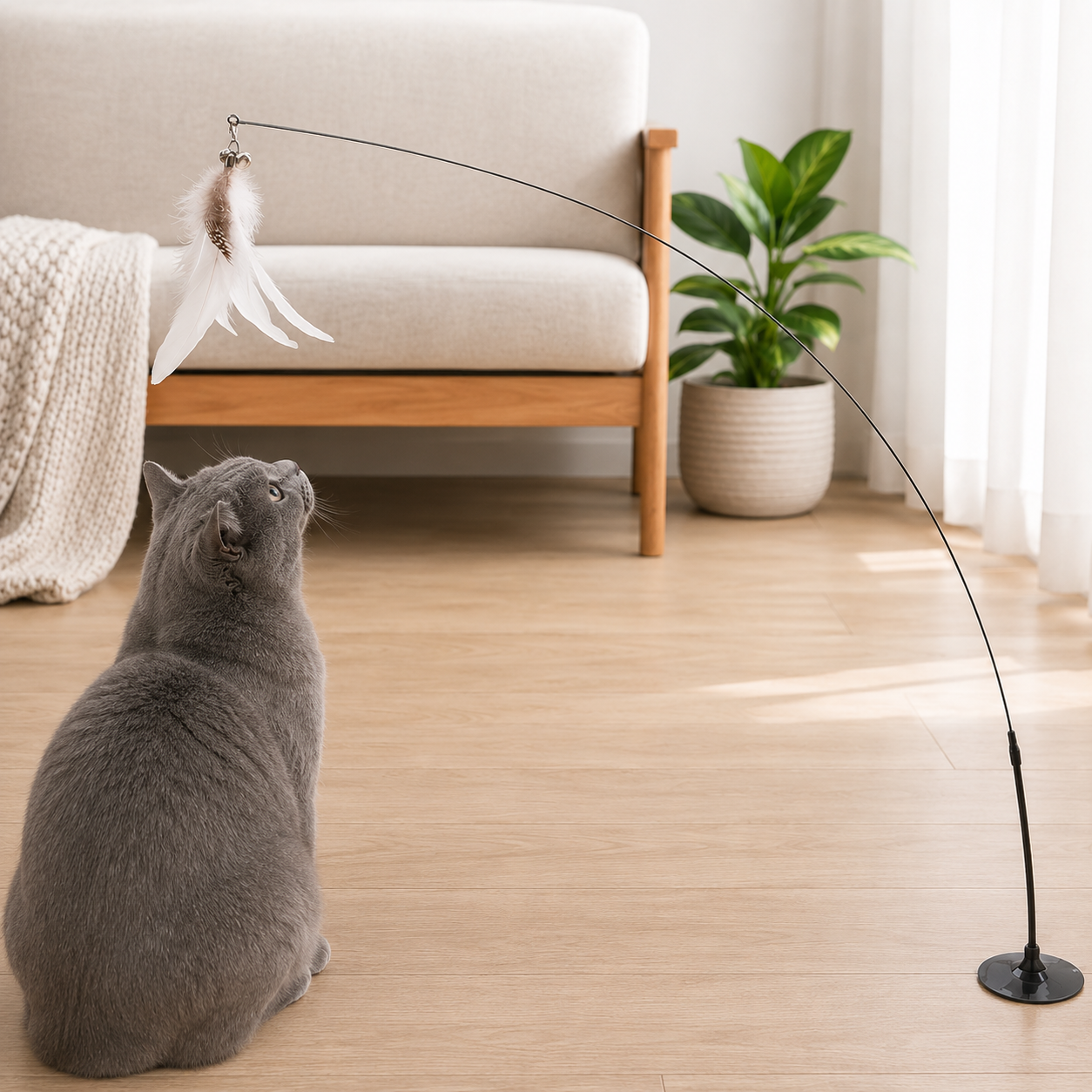 Cat Feather Toy Steel Wire Long Stick Cat Teaser Stick With Sucker