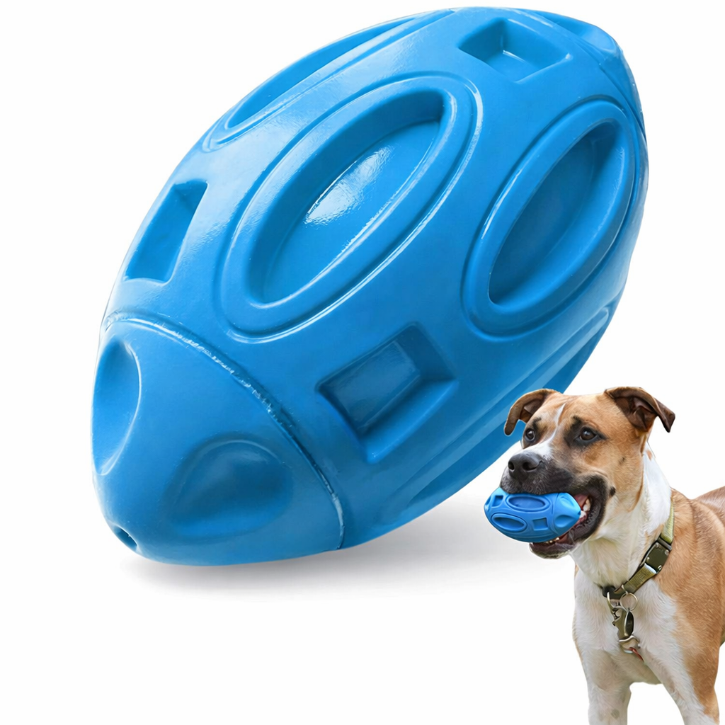 Blue Rubber Football Toy with Interactive Squeaker, Medium/Large Dogs Durable Aggressive Chewers